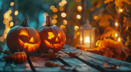 Two carved pumpkins glow warmly on a rustic wooden table, surrounded by vibrant autumn leaves. The background captures the essence of a magical fall evening with golden hues and a dreamy bokeh effect