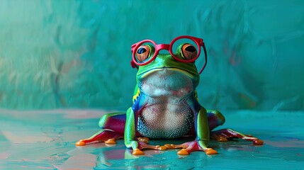 Colorful Frog Wearing Red Glasses on a Turquoise Background - Fun and Whimsical Animal Portrait for...