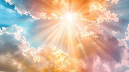 Radiant sunbeams breaking through colorful clouds in a vibrant sky, creating a dramatic and awe-inspiring celestial display.