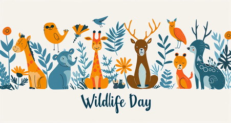 Fototapeta premium Cartoon image of different wildlife animals, concept of wildlife conservation, celebrating wildlife day with nature's creatures