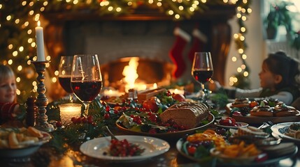 An intimate family holiday dinner by the fireplace, wine glasses clinking in celebration, a cozy room with holiday decorations, a table set with a variety of festive foods, children laughing nearby,