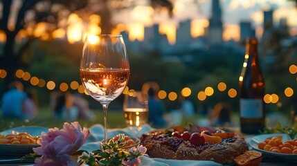 An intimate family picnic, wine glasses clinking in celebration, a cozy city park with a view of the skyline, a picnic blanket set with a variety of foods, children playing nearby,