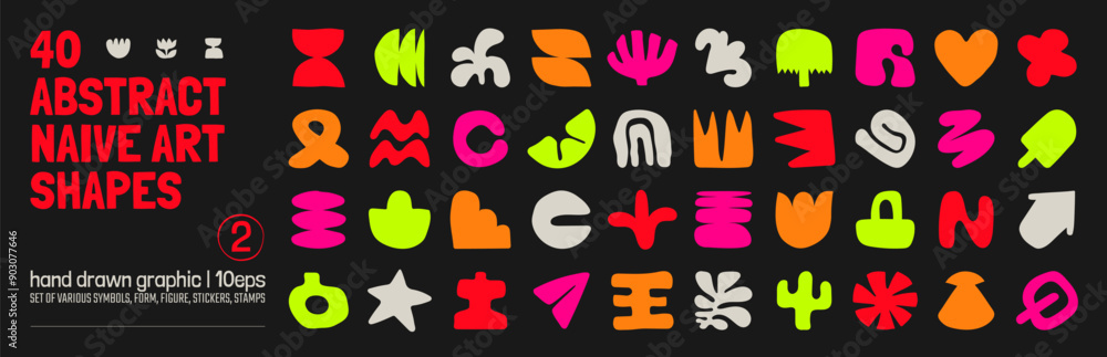 Aufkleber Collection of various hand drawn bizarre abstract geometric unusual shapes, forms in matisse art style, Childish freehand aesthetic, Vector naive doodle primitive object and graphic elements, set 2
