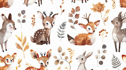 Seamless pattern with cartoon watercolor foxes, deer and leaves on a white background. Watercolor children's hand drawn illustration on white background for wallpaper, bed linen, notebooks