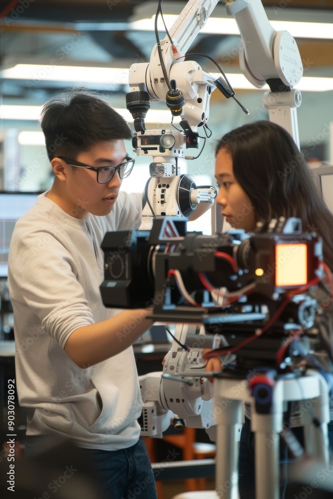Poster students filming a robotics video tutorial using professional cameras and lighting for educational p