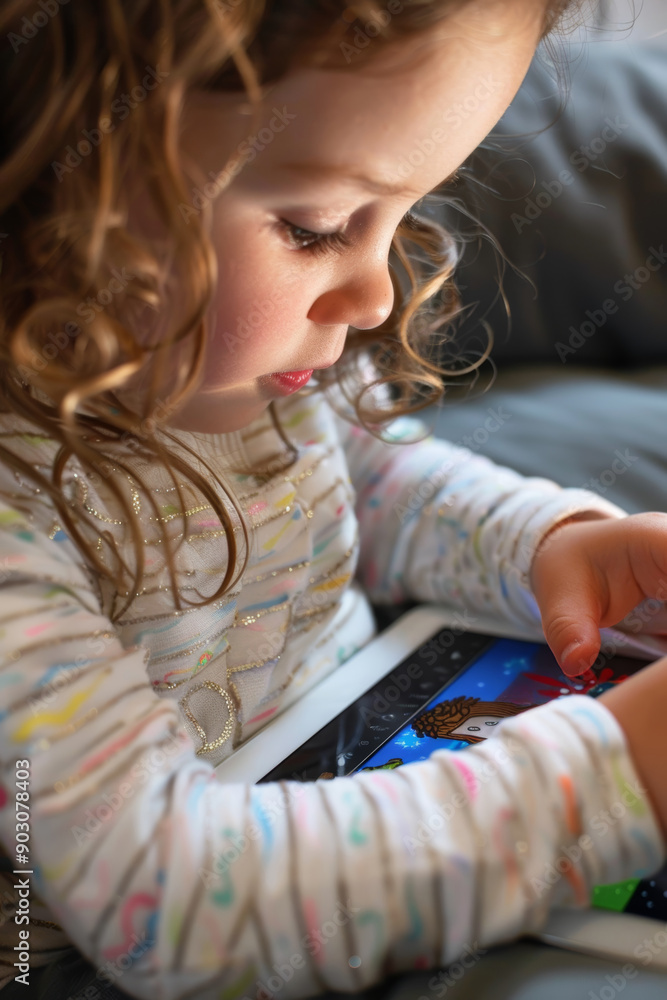 Poster young child using educational app on tablet for engaging and interactive learning at home