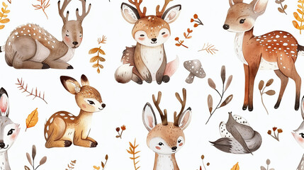 Seamless pattern with cartoon watercolor foxes, deer and leaves on a white background. Watercolor children's hand drawn illustration on white background for wallpaper, bed linen, notebooks