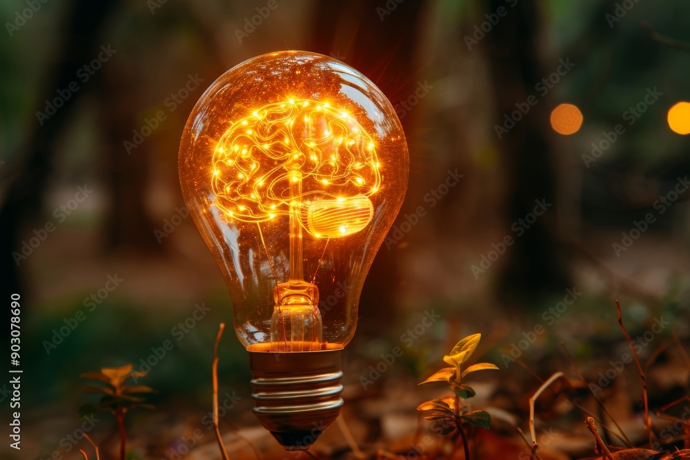 Poster futuristic lightbulb with glowing circuits in a natural setting highlighting advanced technology and