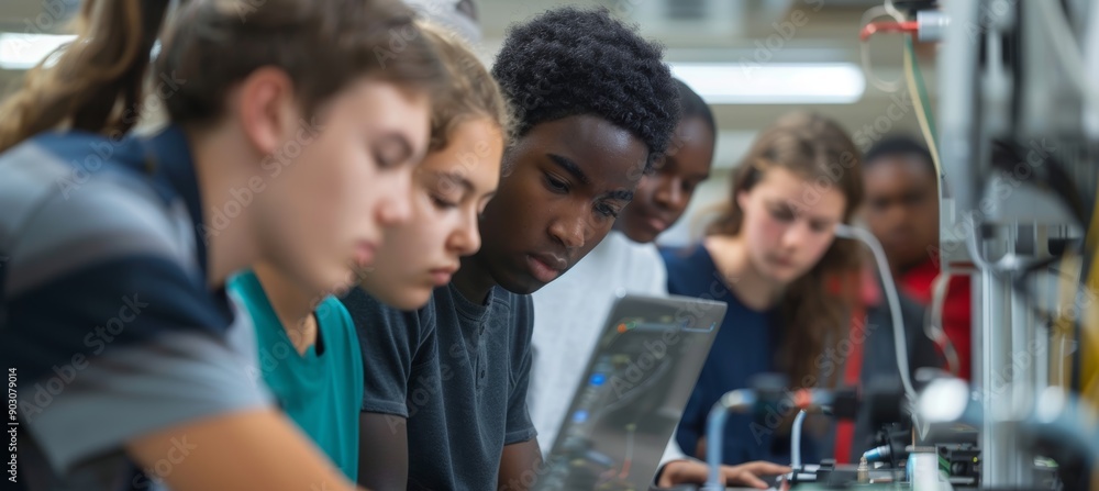 Poster diverse students collaborating in robotics lab: technology and teamwork for educational success