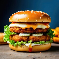 Delicious Double Chicken Burger with Lettuce and Melting Cheese