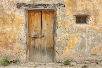 Old Adobe Wall. Rustic Wooden Door and Weathered Stucco Wall for Vintage Western Style Design