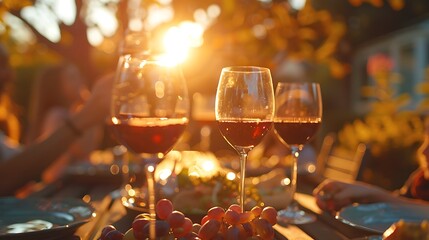 A backyard family gathering, wine glasses raised in a toast, children laughing and running around, a picnic table laden with food, golden rays of the setting sun highlighting the scene, soft shadows.