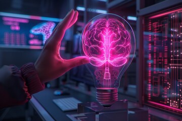 Obraz premium Pink neon brain inside a light bulb highlighting futuristic technology and creative innovation.
