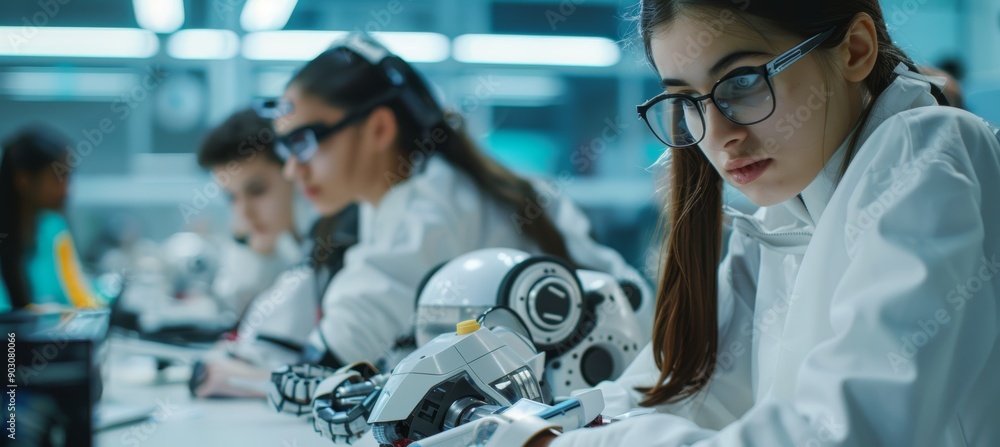 Aufkleber diligent stem students collaborating on robotics project for national competition