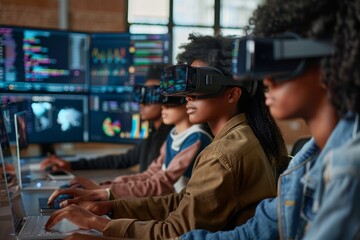 Obraz premium Diverse Students Learning Coding with VR in Tech-Savvy Classroom with Digital Displays