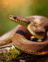 Obraz premium Closeup side view of aesculapian snake in wild nature on blurred background on summer day