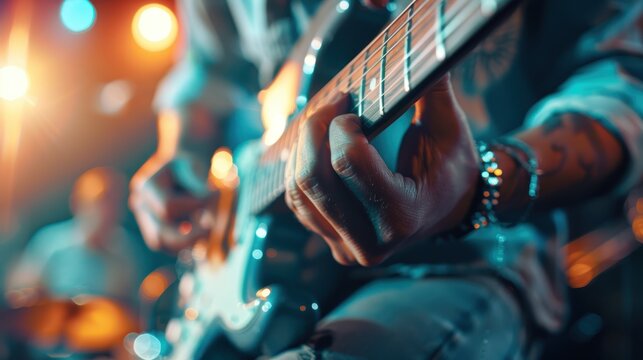 A close-up captures the hands of a guitarist deftly playing an electric guitar during a live performance, with colorful stage lights enhancing the vibrant, energetic mood of the concert.