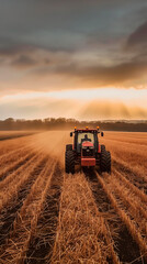 Obraz premium Tractor Working In Golden Sunset Over A Harvested Wheat Field In Rural Landscape