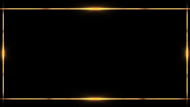 Frame of glowing yellow lines in on black background. Neon rectangular frame with shining effects on black background with copy space. Empty glowing golden backdrop
