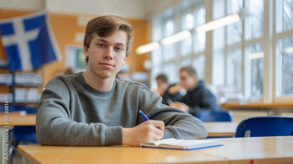 Poster a student sits at a desk, writing notes in his notebook, with other students quietly engaged in work