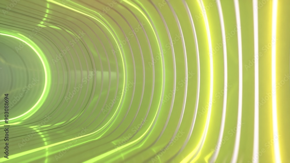 Poster abstract 3d render of a glowing neon green yellow tunnel with concentric lines