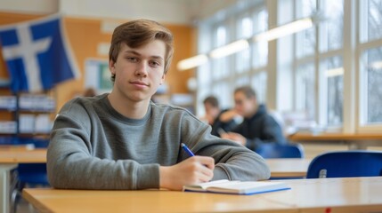 A student sits at a desk, writing notes in his notebook, with other students quietly engaged in work and a Finnish flag hanging in the background.