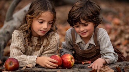 Fototapeta premium Two children look at apples in a forest. AI.