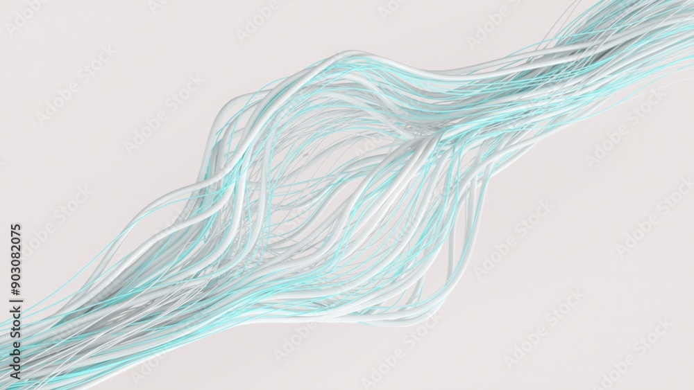 Poster abstract 3d render of flowing white and blue lines on a light background