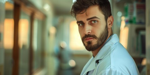 Fototapeta premium A young man in a white coat looks intensely at the camera. AI.
