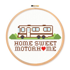 Cross stitch embroidery, travel recreational vehicle motor home on the road in landscape with Home Sweet Motor Home with big red heart text, wood embroidery hoop, isolated on white 