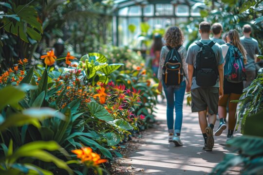 Classmates Exploring Botanical Garden with Colorful Flowers - Ideal for Educational and Nature Themes
