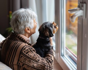 An elderly woman and her dog look out the window. AI.