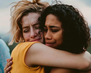 Two young women embrace each other, offering comfort and support during a moment of sadness.