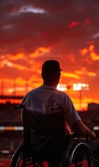 A silhouette of a person in a wheelchair watching the sunset. AI.