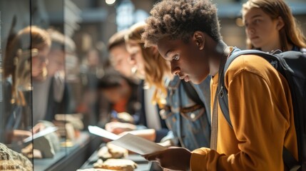 Fototapeta premium Curious Classmates Exploring Science Museum Exhibit on Ancient Civilizations, Ideal for Educational Themes