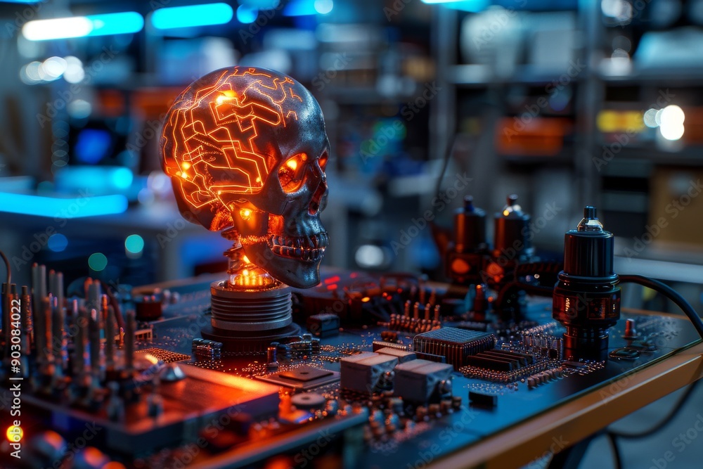Poster brain shaped filament inside a light bulb in a high tech lab highlighting advanced technology and cr
