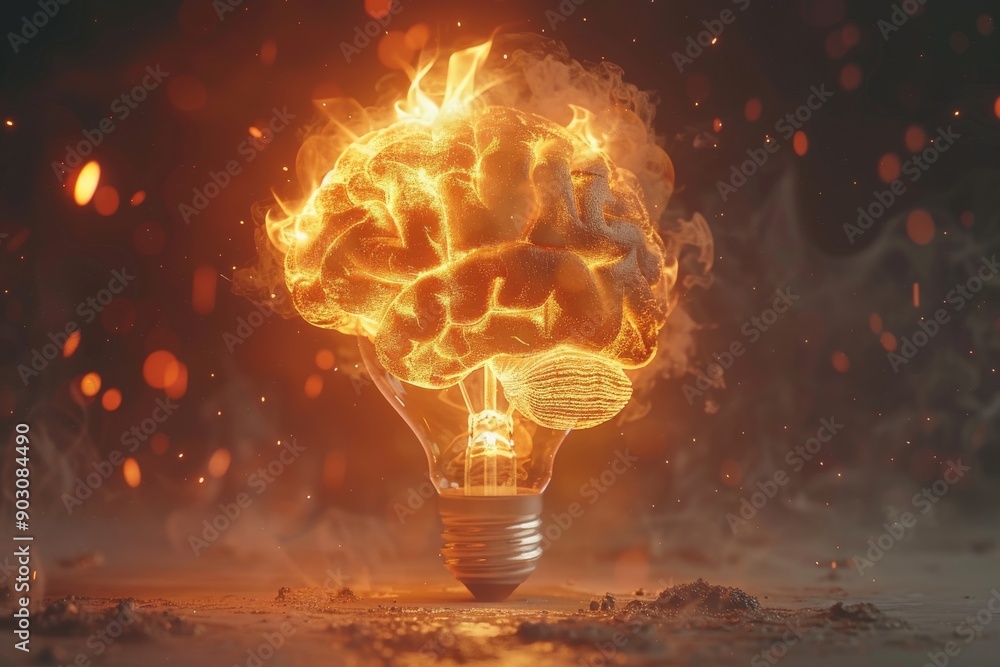 Poster glowing brain inside a light bulb in a futuristic setting highlighting advanced technology and creat