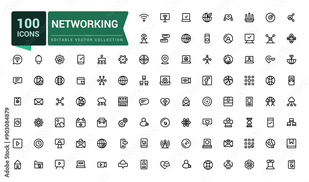Poster set of networking line icons related to internet, connection, traffic, cloud, server. minimal outlin