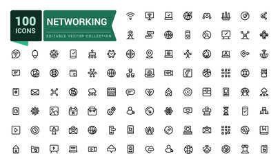 Set of Networking line icons related to internet, connection, traffic, cloud, server. Minimal outline icon collection. Editable stroke. Vector illustration.