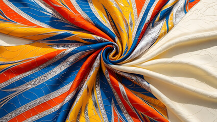 A vibrant, colorful scarf with intricate, tribal patterns
