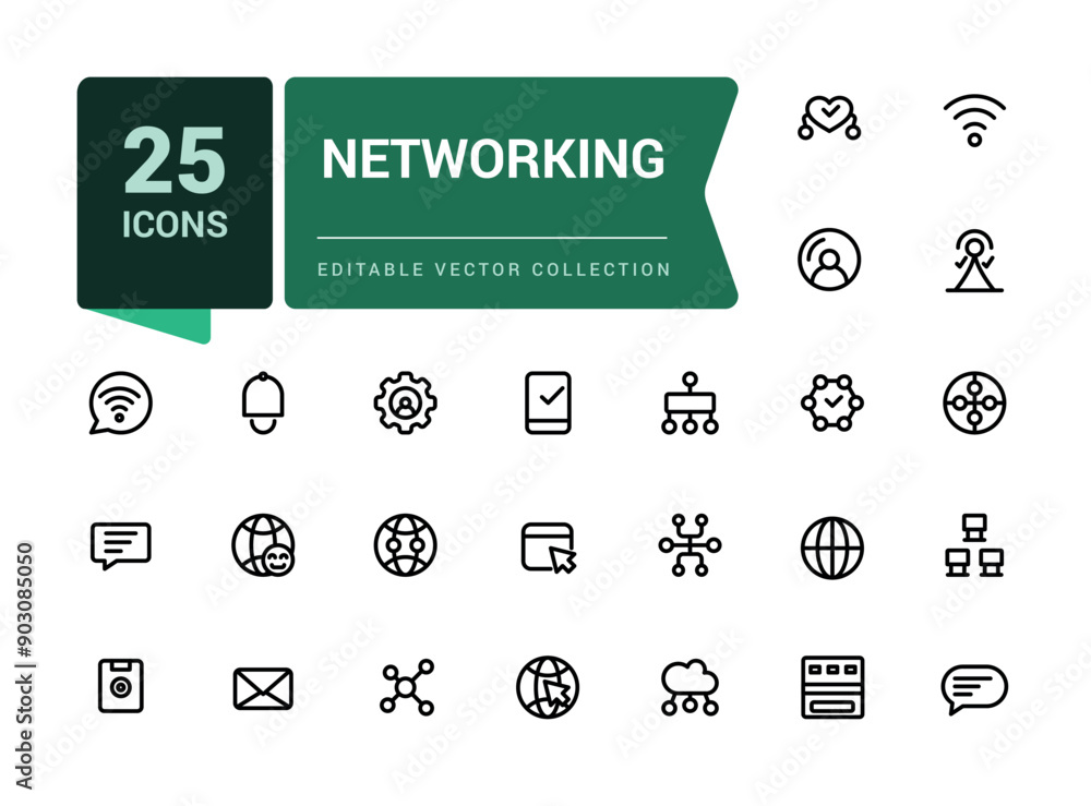 Poster set of networking line icons related to internet, connection, traffic, cloud, server. minimal outlin