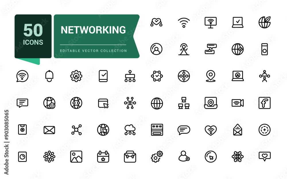 Poster set of networking line icons related to internet, connection, traffic, cloud, server. minimal outlin