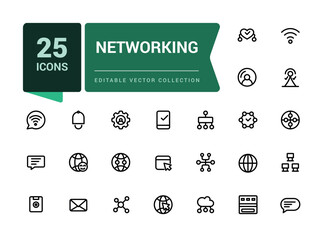 Set of Networking line icons related to internet, connection, traffic, cloud, server. Minimal outline icon collection. Editable stroke. Vector illustration.