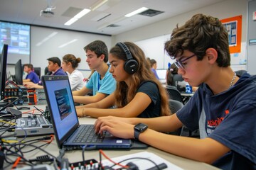 High School Students Coding Robot Software in Modern Classroom - STEM Education, Teamwork, Technology Learning