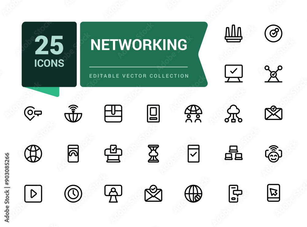 Poster set of networking line icons related to internet, connection, traffic, cloud, server. minimal outlin
