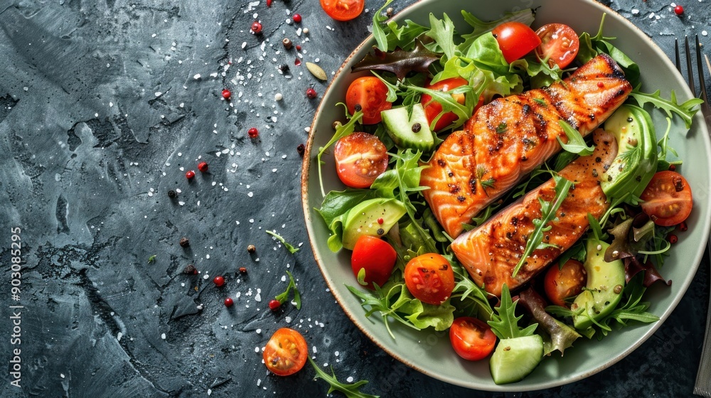 Poster Grilled Salmon Salad with Avocado and Cherry Tomatoes