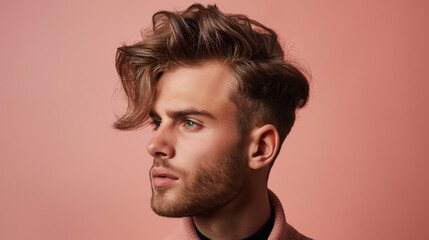 Fototapeta premium Stylish young man with trendy hair posing against a soft pink background