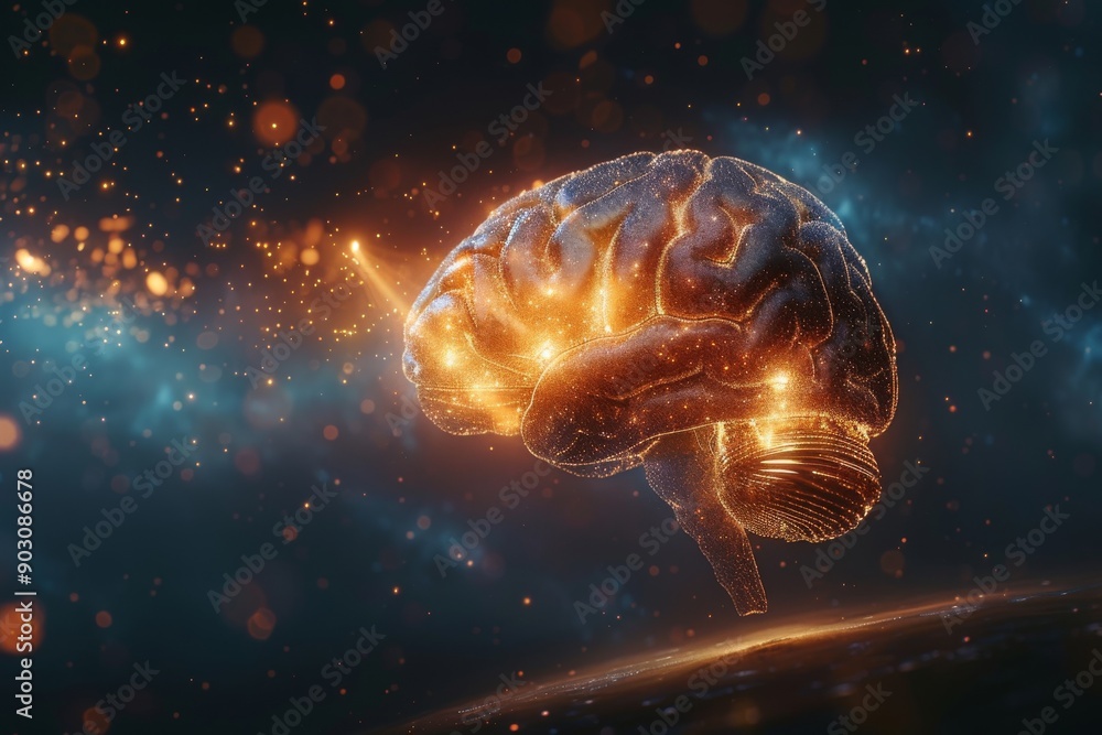 Poster glowing brain light bulb in a cosmic setting showcasing advanced technology and creative innovation.