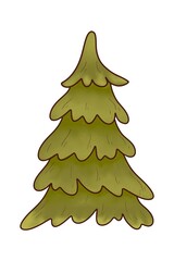 Christmas tree illustration, hand-drawn with watercolor brushes, with outline on a white background. For postcards, greetings, stickers and others DIY.