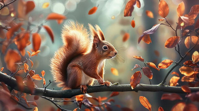 A charming red squirrel perched on a branch with autumn leaves scattered around it